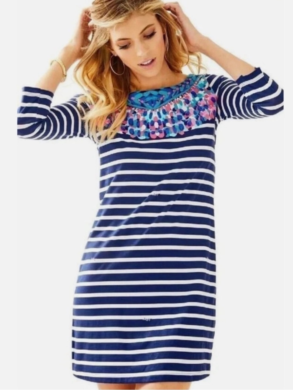 Lilly Pulitzer Navy White Striped Bay Dress in Island Medallion Stripe Sz XS